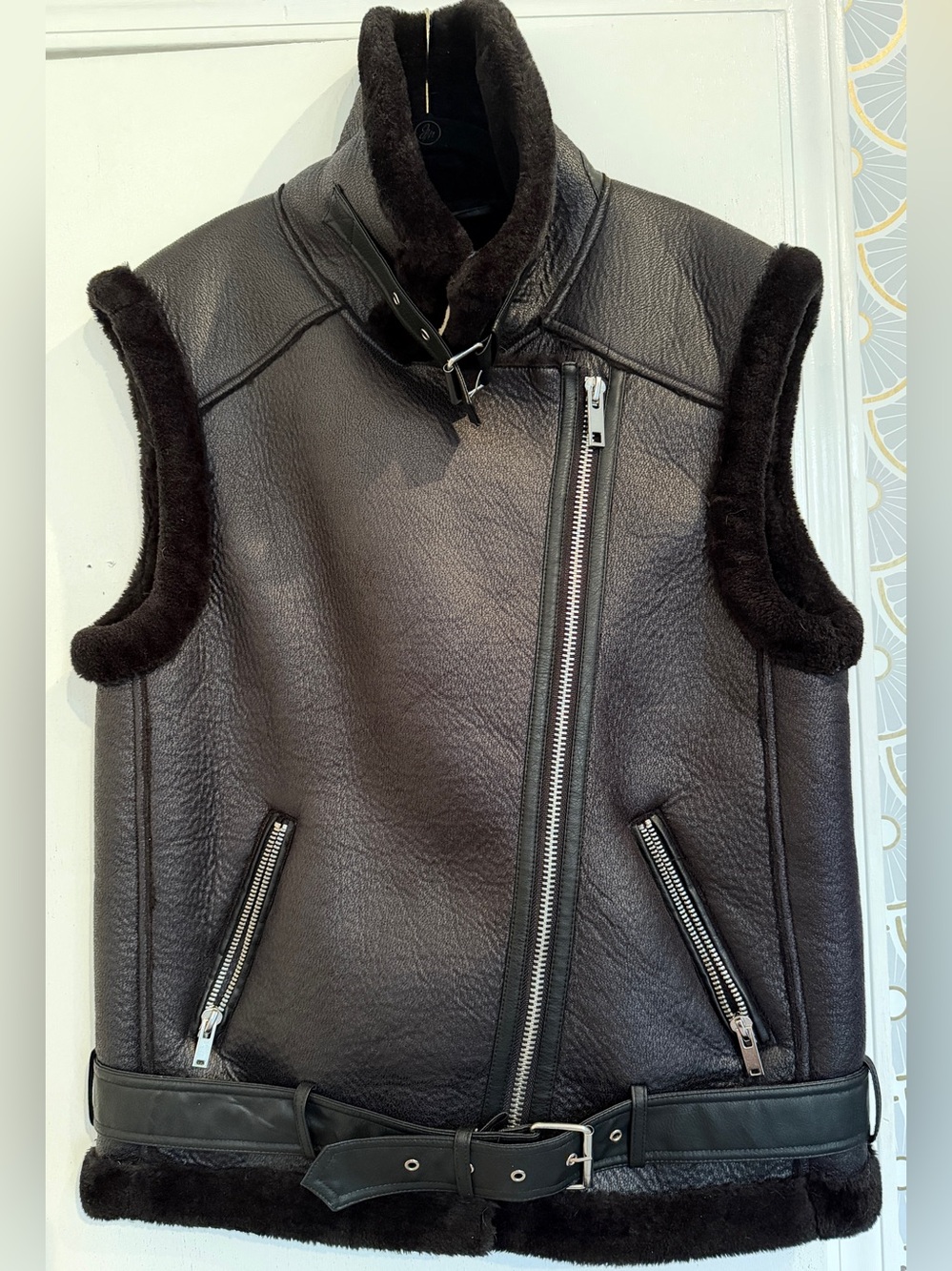 Zara Black Shearling-Trim Leather Vest